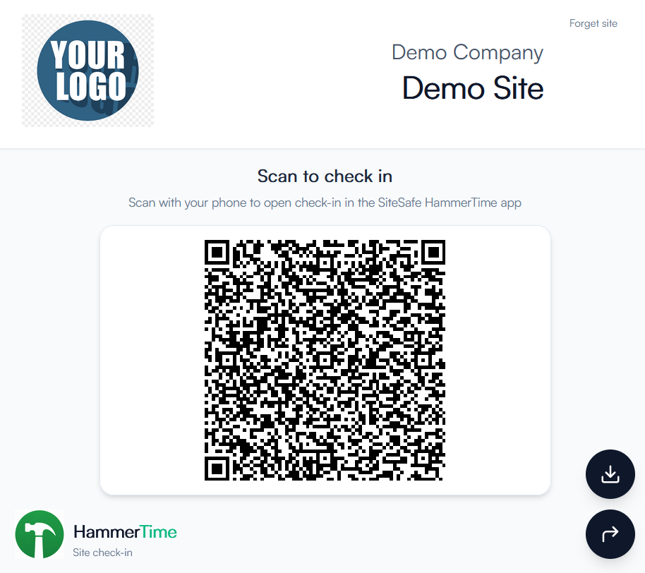 Gate sign for a HammerTime demo site showing the site name and a QR code to scan for check-in